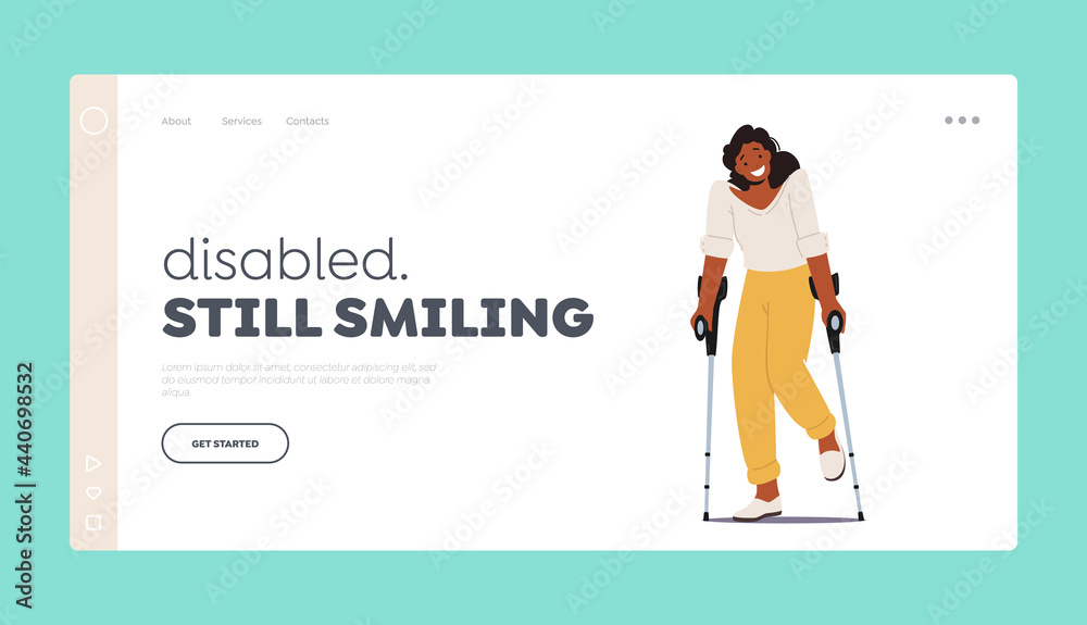 Disabled Woman Character Stand on Crutches Landing Page Template. Patient Rehabilitation after Accident, Handicapped Disabled Woman Character Stand on Crutches Landing Page Template. Patient Rehabilitation after Accident, Handicapped