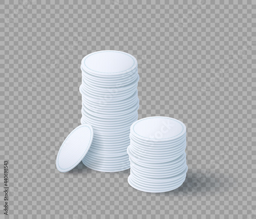 Pile of cosmetic cotton pads for makeup removal. Hygiene white discs set. Makeup remover napkins