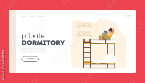 Hostel, Private Dormitory Landing Page Template. Female Character Sit with Book on Bunk Bed in Room. Student Lifestyle