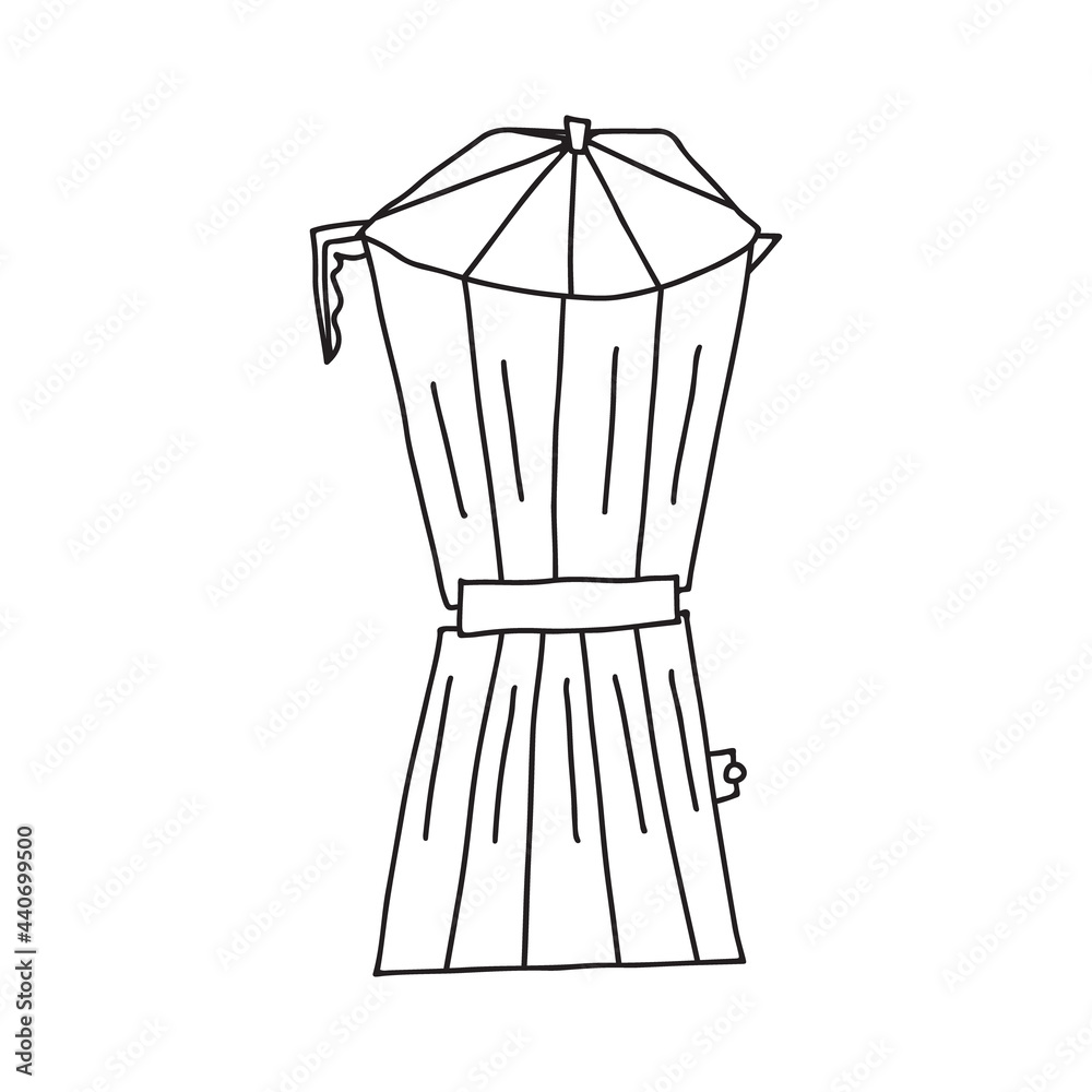 Hand drawn doodle vector illustration of moka percolator coffee pot for brewing hot espresso coffee. Isolated on white background. Hand drawn doodle vector illustration of moka percolator coffee pot for brewing hot espresso coffee. Isolated on white background.
