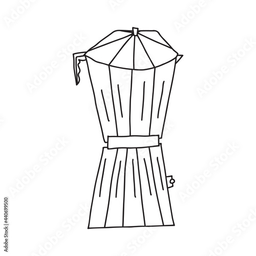 Hand drawn doodle vector illustration of moka percolator coffee pot for brewing hot espresso coffee. Isolated on white background.