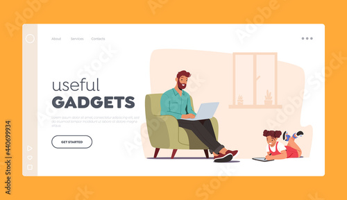 Useful Gadgets Landing Page Template. Girl and Father Using Laptop and Tablet Dad and Daughter Internet Surfing