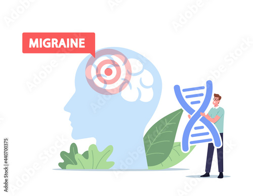 Stress, Headache Migraine Fatigue Concept. Tiny Male Character Hold Huge DNA Spiral at Human Head with Red Area in Brain