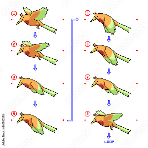 pixel art bird flying animaltion loop