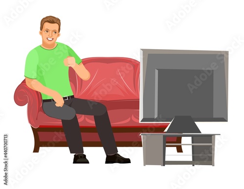Guy is sitting on couch. Young handsome handsome boy watching TV. Resting. In jeans, a T-shirt and sneakers. Single. Cartoon flat style. The illustration is isolated on a white background. Vector