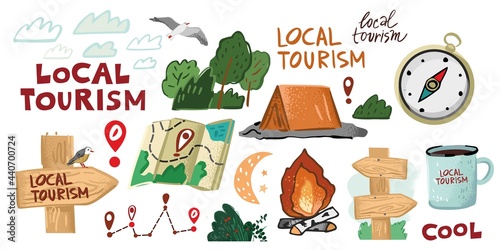 Set of symbols for outdoor travel, local tourism. hiking trips, children's camps. A collection of pointers, wooden arrows, a compass, a tent, a campfire, a map isolated in white. Vector illustration
