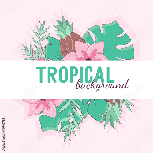 Tropical background for a banner. Vector illustration with summer exotic flowers and leaves. Web banner template