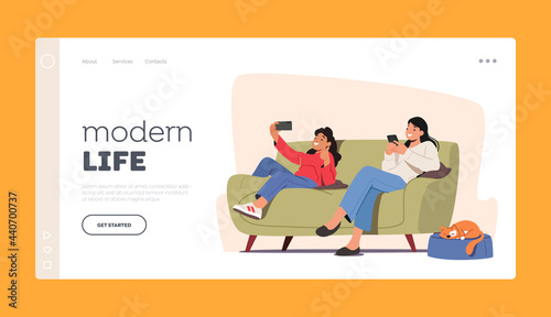 Modern Life Landing Page Template. Family with Digital Devices. Girl and Mother Chatting Online Using Smartphones
