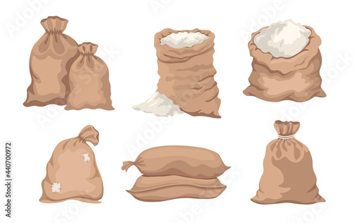 Sacks with Flour, Bags with Rice or Salt, Closed and Open Sacks with White Dust inside Farm Production in Brown Bales