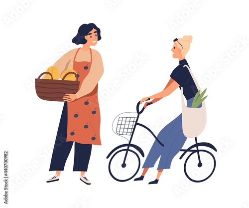 Vendor with fruit and vegetable basket talking with buyer on bicycle and selling organic farm goods. Local greengrocer and customer. Colored flat vector illustration isolated on white background