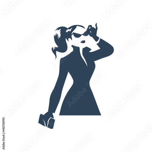 Beautiful young lady portrait isolated. Awesome model in stylish jacket black hand drawn silhouette. Vector flat illustration. For emblem, tag, logo, banner etc.