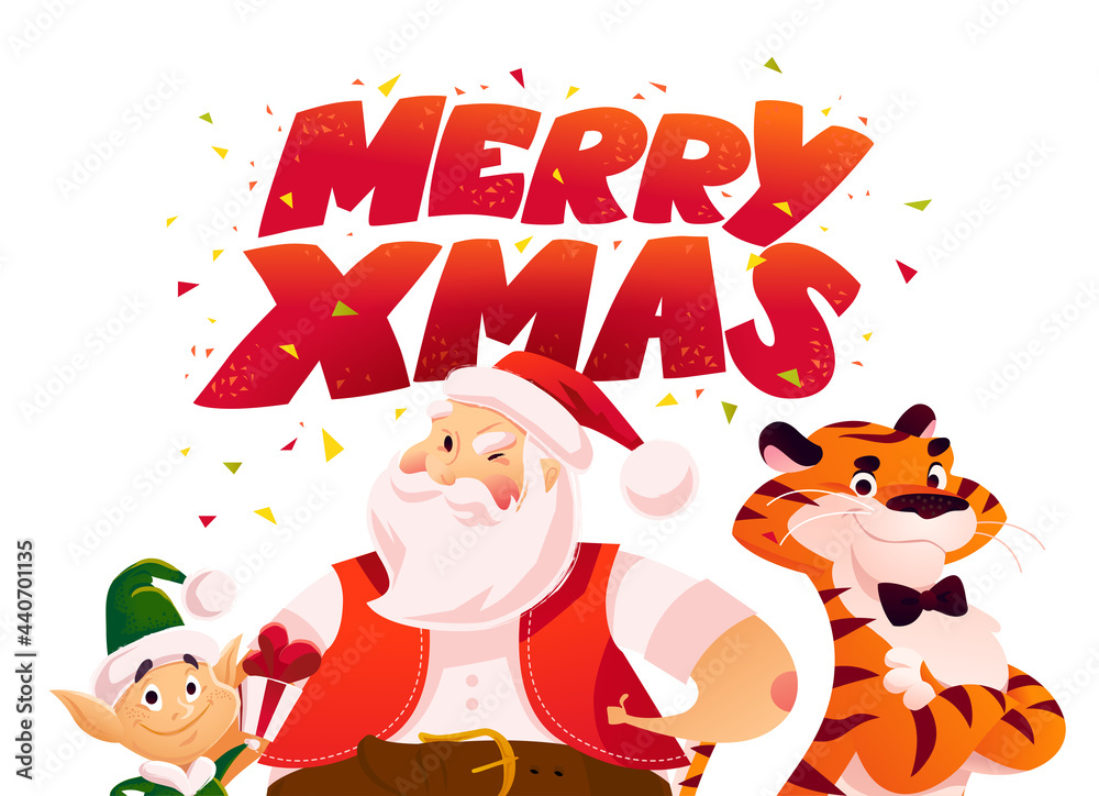 Fototapeta premium Merry Christmas illustration with little dwarf, Santa Claus, tiger characters and text congratulation isolated. Vector flat cartoon style. For banner, sale card, poster, tag, web, flyer, advertisement