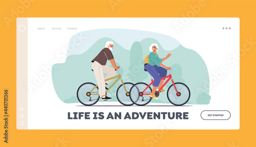 Seniors Riding Bicycles Landing Page Template. Man and Woman Pensioner Active Lifestyle, Aged People Extreme Activity