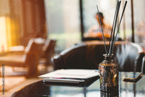 Room aroma fragrant oil reed diffuser. Perfume stick scent surround for indoor fresh good odor air.