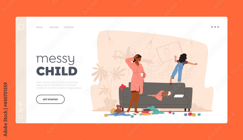 Messy Child Bad Behavior Landing Page Template. Mother Character Shocked with Little Girl Painting on Wall, Naughty Kid