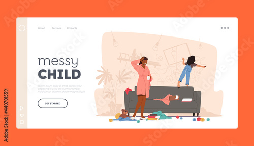 Messy Child Bad Behavior Landing Page Template. Mother Character Shocked with Little Girl Painting on Wall, Naughty Kid