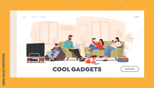 Family Characters Suffering of Social Media Internet Addiction Landing Page Template. Parents and Children Using Gadgets