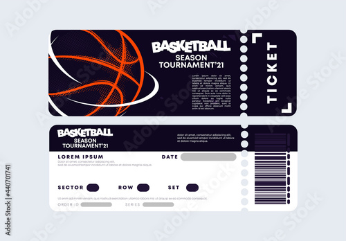 Vector illustration of the entrance ticket template for a basketball game, tournament, stylish dark design with the outline of a basketball ball
