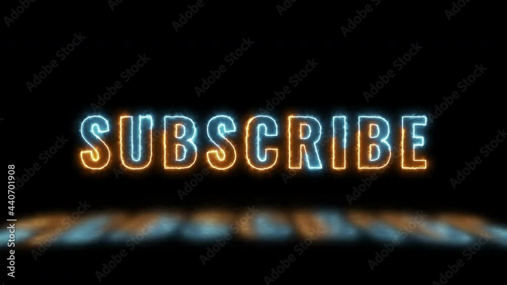 Thin line text 'SUBSCRIBE' with orange and blue lights with reflections on a dark background. Simple seamless loop animated text. 4k typography motion graphic