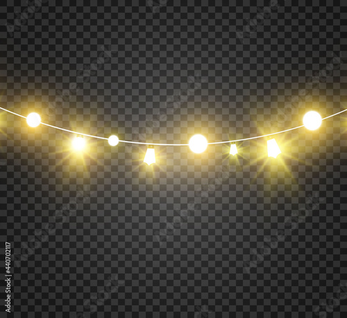 Christmas bright, beautiful lights, design elements. Glowing lights for design of Xmas greeting cards. Garlands, light Christmas decorations.