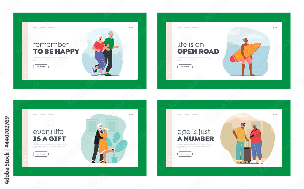Senior Characters Active Lifestyle Landing Page Template Set. Aged Man Woman Jogging Exercises, Surfing Sports, Dancing Senior Characters Active Lifestyle Landing Page Template Set. Aged Man Woman Jogging Exercises, Surfing Sports, Dancing