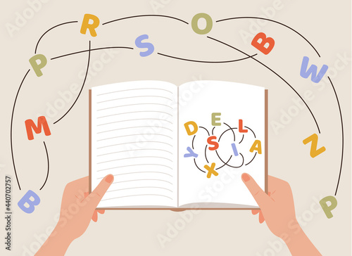 Dyslexia concept. A person hands holding a book. Failing to read. Learning disability. Confused, entangled words and letters. Vector illustration in flat style.