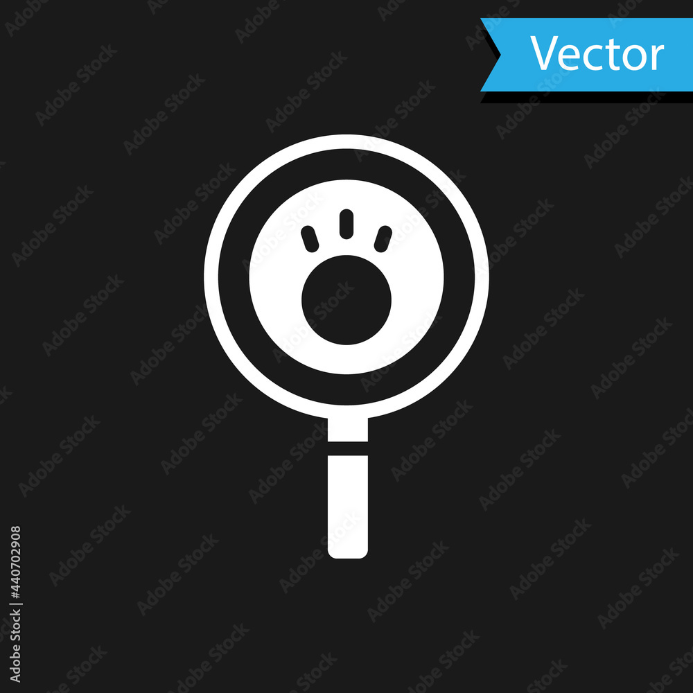 White Paw search icon isolated on black background. Magnifying glass with animal footprints. Vector White Paw search icon isolated on black background. Magnifying glass with animal footprints. Vector