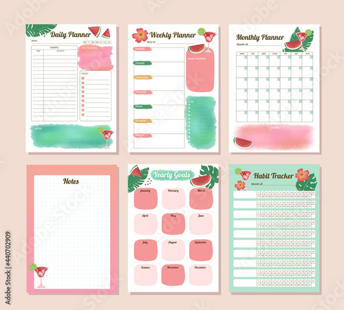 Printable daily, weekly, monthly, yearly and habit tracker with watercolor watermelon designs and illustrations