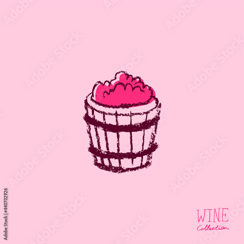 Wine barrel doodle. Winery sign template. Hand drawn pencil illustration for Wine shop and store symbol with crayon texture. Emblem for vineyard, insignia biodynamic wines, grape festival, bar logo.