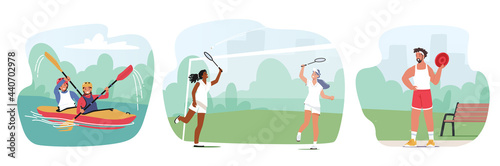 Outdoor Games Set. Young Healthy People Summertime Recreation, Kayaking, Badminton and Frisbee Sports Activity, Fun