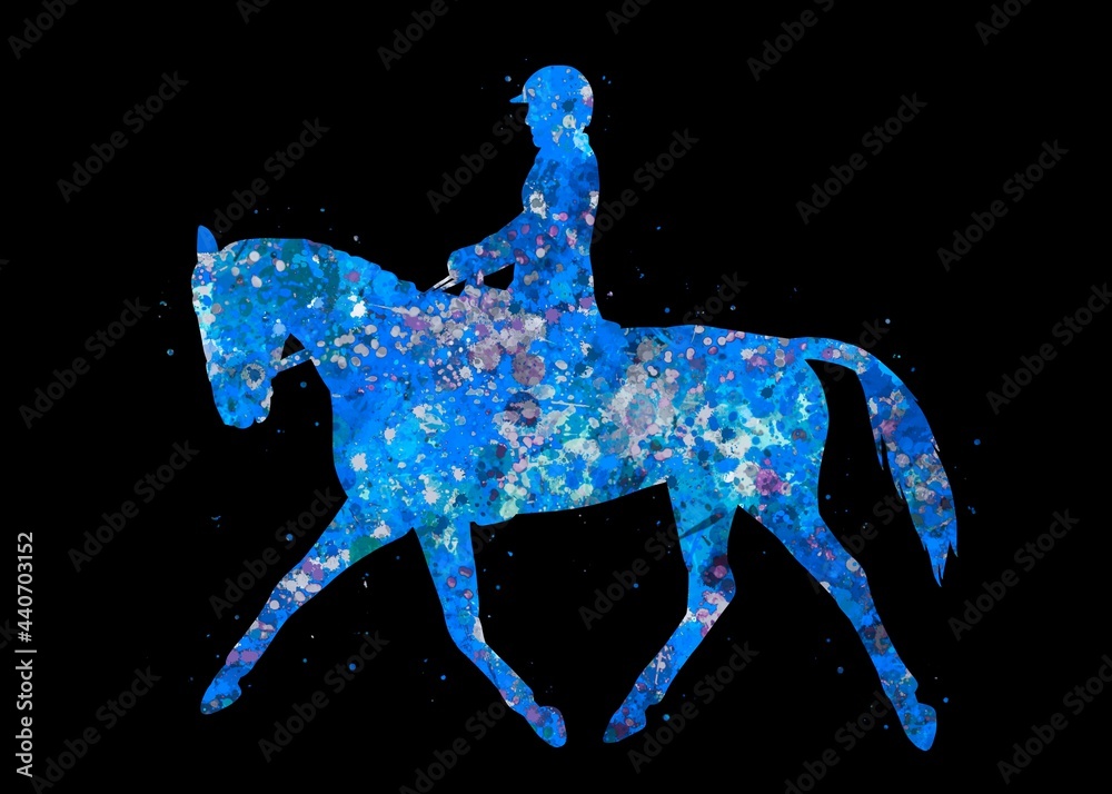 Equestrian blue watercolor art with black background, abstract sport painting. sport art print, watercolor illustration blue, colorful, decoration wall art.