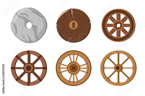 Old Wheels, Primitive Stone Ring, Ancient Transport Wheels for Wooden Cart or Chariot. History Invention, Evolution