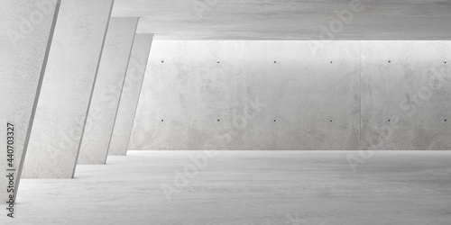 Fototapeta Naklejka Na Ścianę i Meble -  Abstract empty, modern concrete room with indirect lighting with diagonal pillar wall and rough floor - industrial interior background template