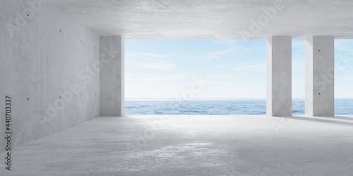 Abstract empty  modern concrete room with opening with ocean view in the back wall  pillars and rough floor - industrial interior background template