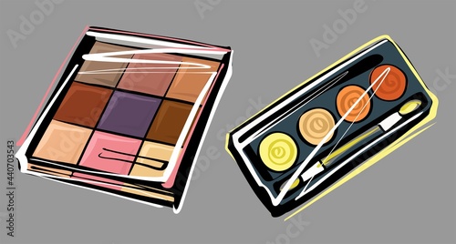 Set of eye shadow palette, eye shadow layout, autumn summer palette. Illustration sketch by hand, vivid vivid drawing. Vector on an isolated background.