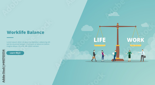 work life balance on scale concept for website landing homepage template banner or slide presentation cover