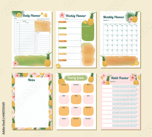 Printable daily, weekly, monthly, yearly and habit tracker with watercolor pineapple designs and illustrations