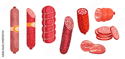 Salami, Pepperoni Smoked Sausage Meat Products, Whole and Sliced Delicious Meaty Assortment, Butcher Shop Production Set