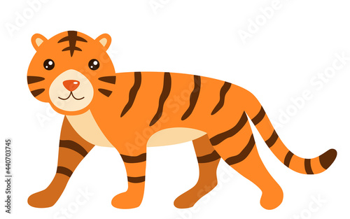 Fototapeta Naklejka Na Ścianę i Meble -  Vector tiger in cartoon style isolated on white background, illustration for children, tiger in flat design