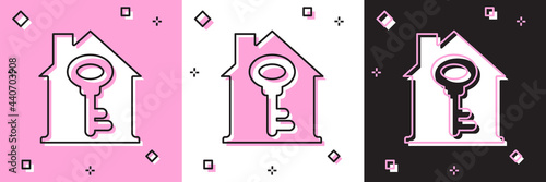 Set House with key icon isolated on pink and white, black background. The concept of the house turnkey. Vector