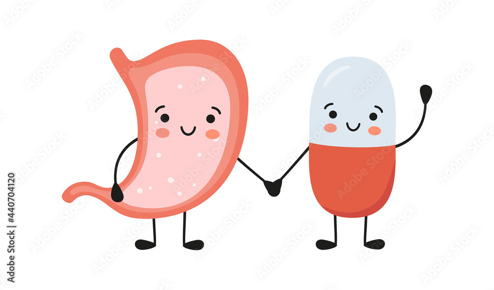 Fototapeta premium Healthy stomach and happy smiling medicine pill characters hold hands. Kawaii medicine capsule and cute stomach characters. Help with gastritis. Vector isolated illustration on white background.