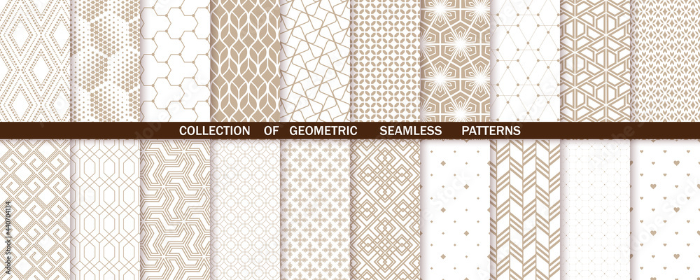 Geometric set of seamless beige and white patterns. Simple vector graphics
