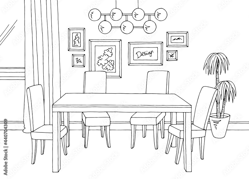 Dining room home interior graphic black white sketch illustration