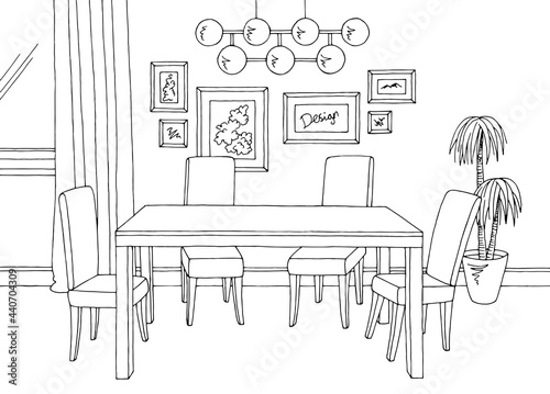 Dining room home interior graphic black white sketch illustration vector 