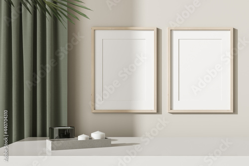 Fototapeta Naklejka Na Ścianę i Meble -  Two blank vertical posters in a wooden frame against the background of a beige wall, chest of drawers and curtains. Mock up. 3d rendering