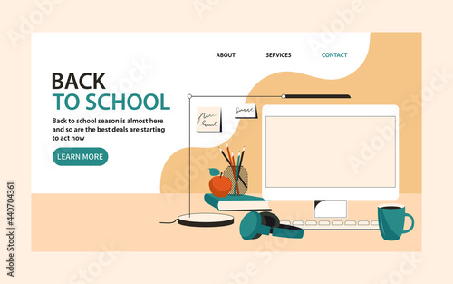 Back to School website landing page. Purchase of study supplies. Learning education concept. Cartoon Flat Vector Illustration