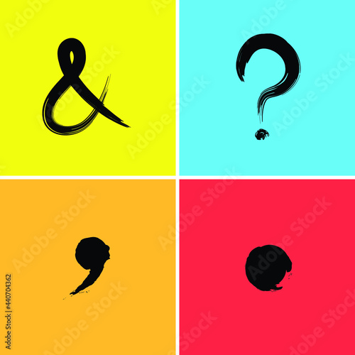 Question Mark Ampersand Comma Full stop Signs Symbols Icons vector using neon colors in a brush stroke script.