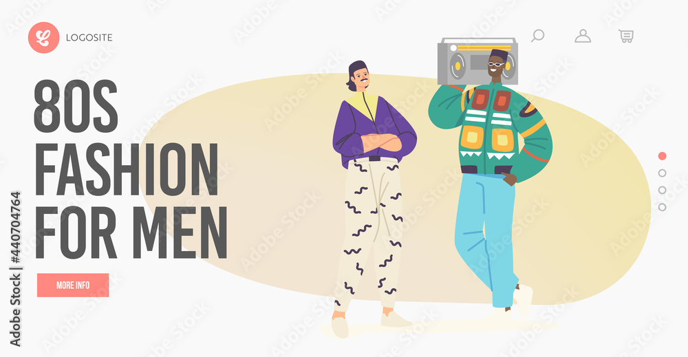 80s Fashion for Men Landing Page Template. Characters in Retro Clothes and Hairstyle Listen Music with Tape Recorder
