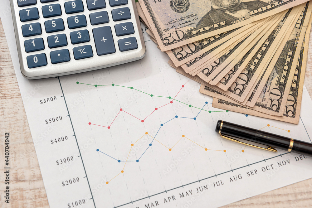 Business charts dollar pen and calculator Business charts dollar pen and calculator