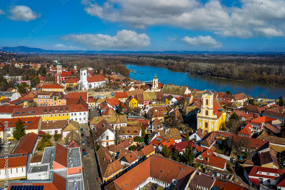Szentendre, hungary - Aerial view of the city of Szentendre on a sunny day with Belgrade Serbian Orthodox Cathedral, Saint John the Baptist's Parish Church, Saint Peter and Paul Church and blue sky